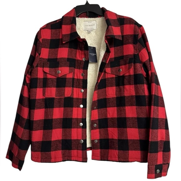 NWT LUCKY BRAND PLAID FLANNEL SHERPA RED AND BLACK BUTTON UP JACKET - Picture 3 of 4